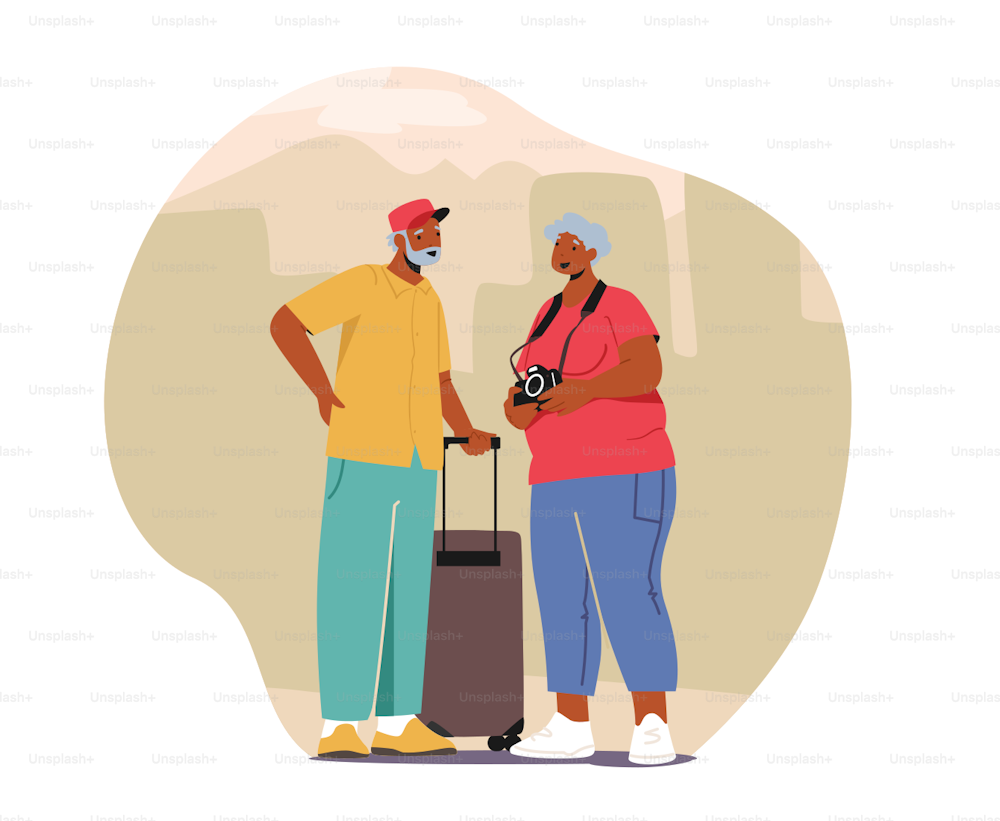 Senior Tourist Characters in Trip, Elderly Traveling People with Photo Camera and Luggage in Foreign Country, Aged Couple Voyage, Pensioner Outdoor Activity, Journey. Cartoon Vector Illustration