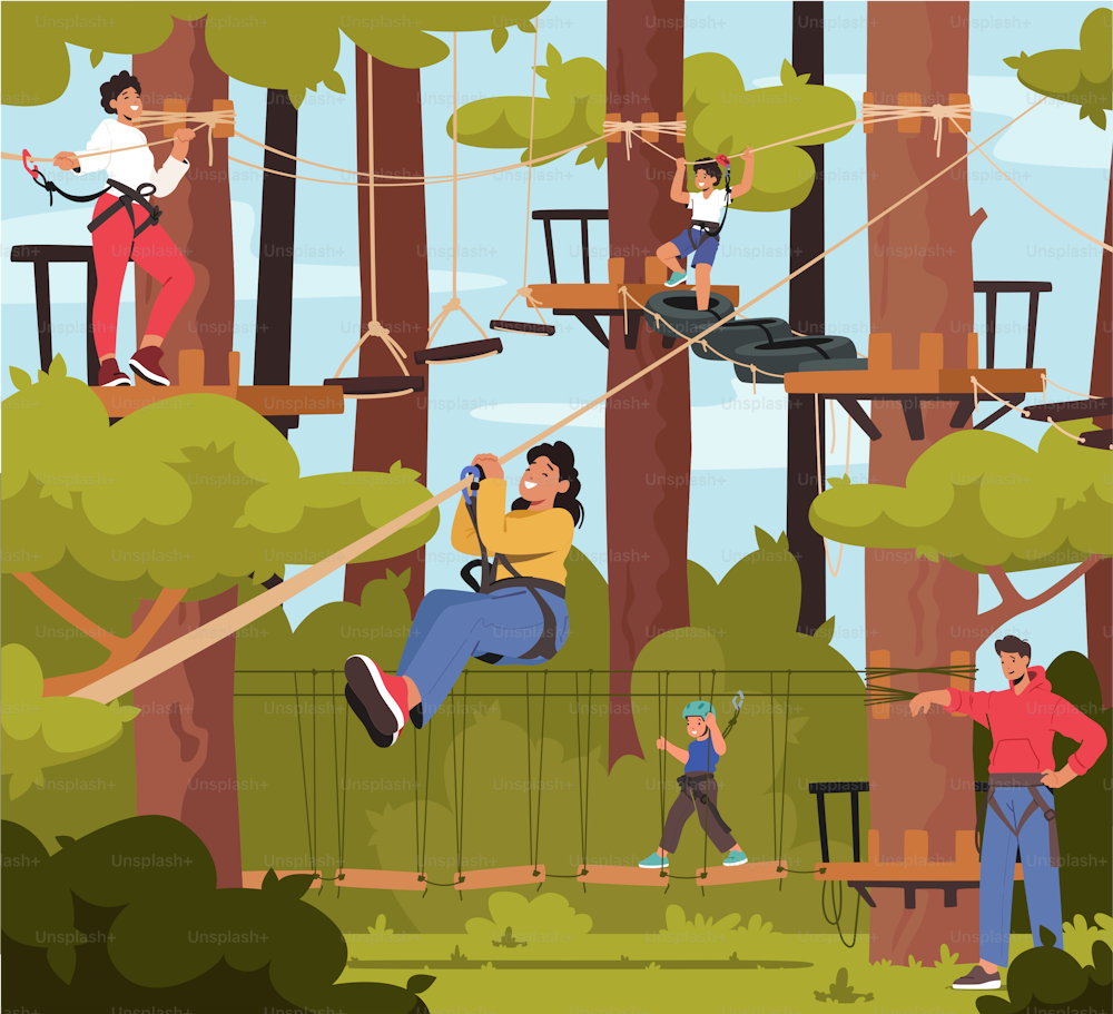 Family in Rope Park, Father, Mother and Children Characters Overcome Obstacles, Climb on Trees, Cross Suspended Bridge. Weekend Outdoor Adventure, Recreation, Relax. Cartoon People Vector Illustration