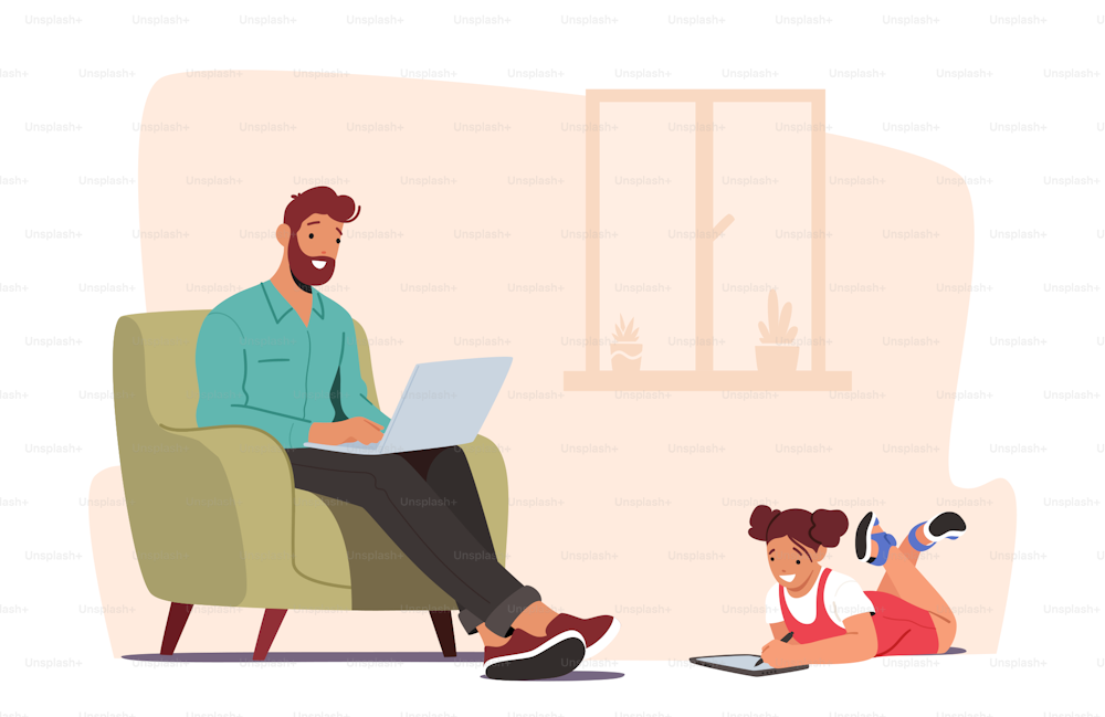 Girl and Father Chatting Online Using Laptop and Tablet. Dad Ignore Daughter for Social Media Internet Surfing. Family Characters with Digital Electronic Devices. Cartoon People Vector Illustration