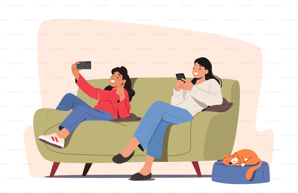 Family Characters with Digital Electronic Devices. Girl and Mother Chatting Online Using Smartphones. Mom Ignore Daughter for Social Media Internet Surfing. Cartoon People Vector Illustration