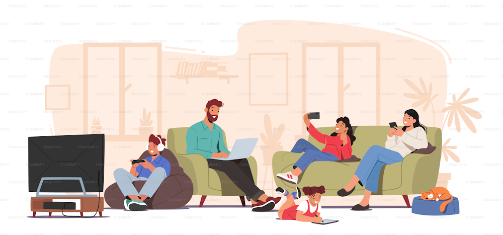 Personagens da Família que sofrem de Conceito de Vício em Internet de Mídia Social. Pais e filhos sentados juntos em casa usando gadgets, smartphones, dispositivos digitais. Ilustração vetorial de pessoas dos desenhos animados