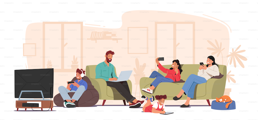 Family Characters Suffering of Social Media Internet Addiction Concept. Parents and Children Sitting Together at Home Using Gadgets, Smartphones, Digital Devices. Cartoon People Vector Illustration