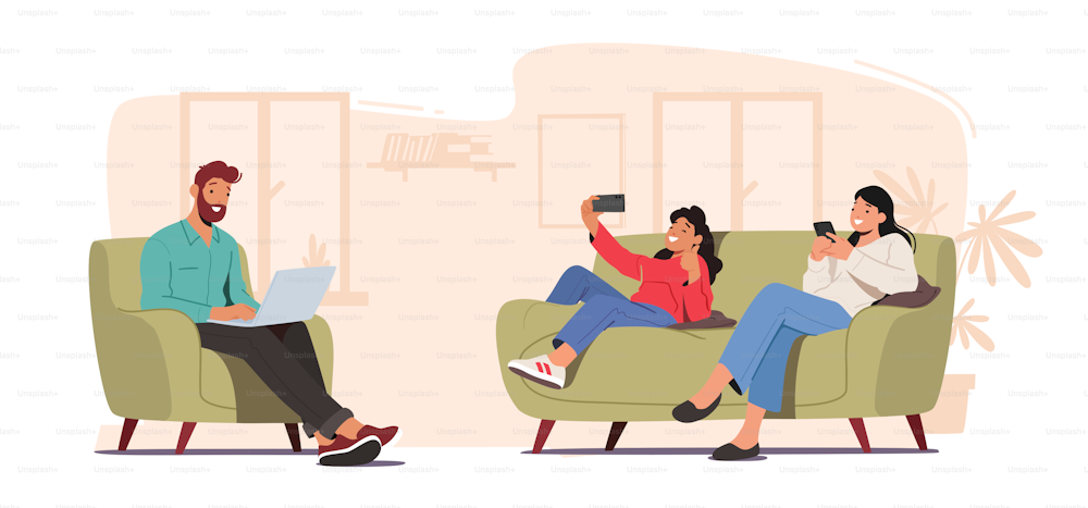 Family Characters Mother, Father and Daughter with Digital Devices Suffering of Internet Addiction Concept. Parents and Child Sitting Together at Home Using Gadgets. Cartoon People Vector Illustration