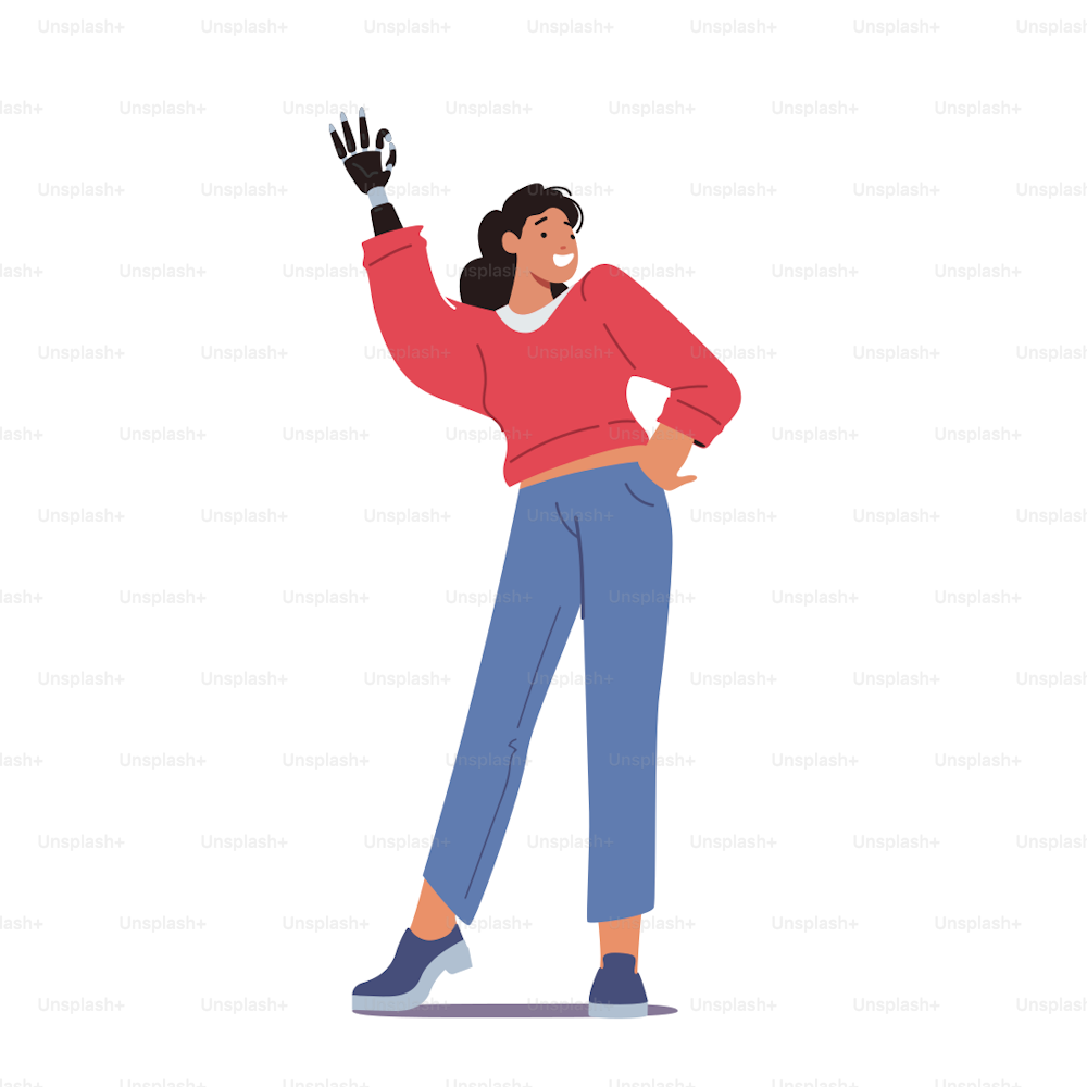 Disabled Woman Character Show Ok Gesture with Robotic Hand Prosthesis. Patient Rehabilitation after Accident, Arm Amputation, Handicapped Person, Disability Concept. Cartoon Vector Illustration