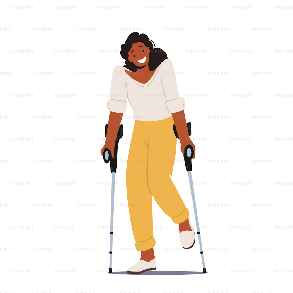 Disabled Woman Character Stand on Crutches. Patient Rehabilitation after Accident, Handicapped Person with Diseased Legs, Rehab Procedures, Disability Lifestyle Concept. Cartoon Vector Illustration