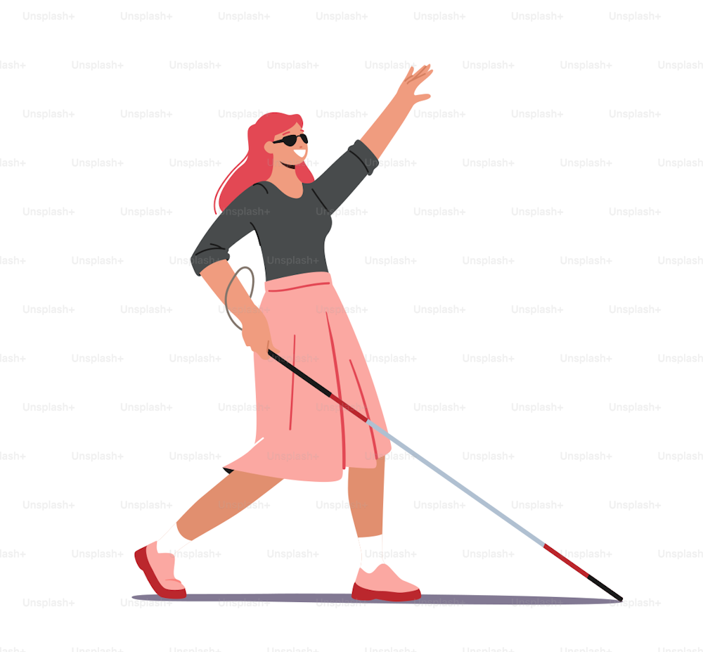 Blind Woman with Cane and Sunglasses Walking along Street. Disabled Female Character Walk. Vision Disability, Eyes Disease, Handicapped Girl with Raised Hand. Cartoon People Vector Illustration