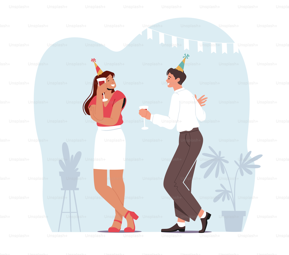 Young Couple Man and Woman Holding Glasses with Beverages Celebrating Holiday Drinking Alcohol Cocktail Flirting and Communicating on Birthday Home Party or Festive Event. Cartoon Vector Illustration