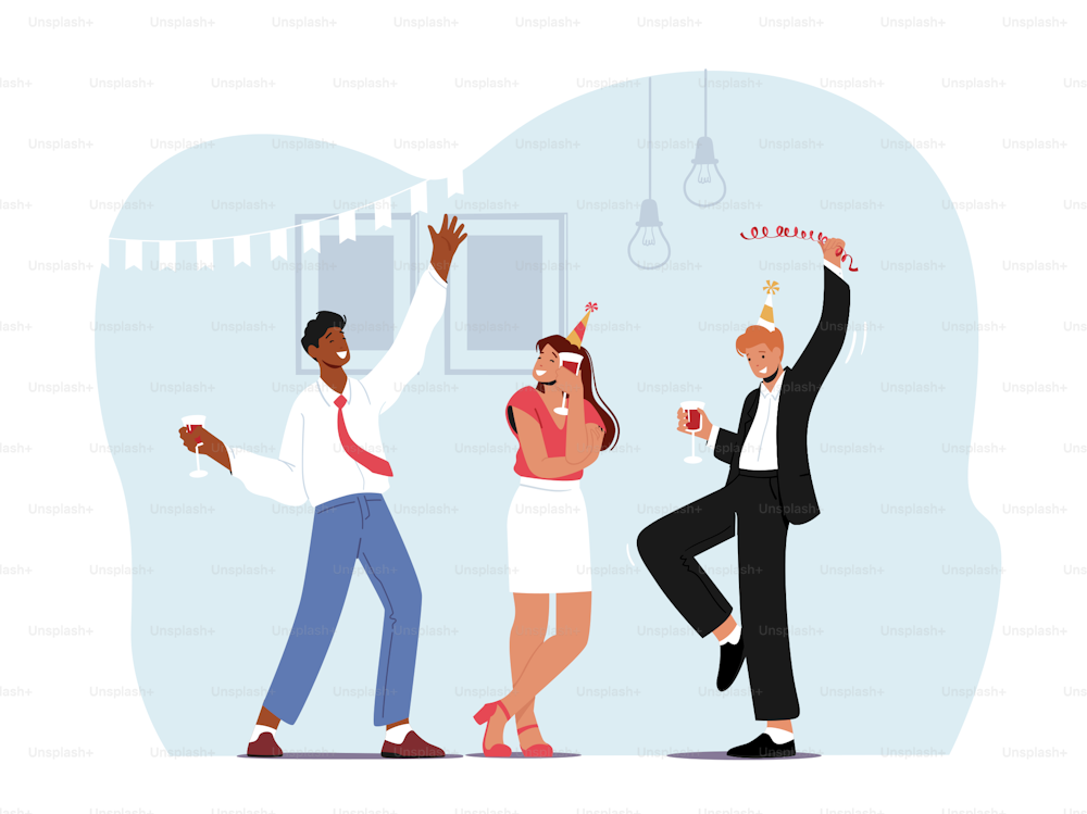 Friends Relaxation, Home Party, Recreation. Friends Meeting, Corporate. Young Woman and Men in Funny Hats Clink Glasses with Alcohol Drink Have Fun, Celebrate Event. Cartoon People Vector Illustration