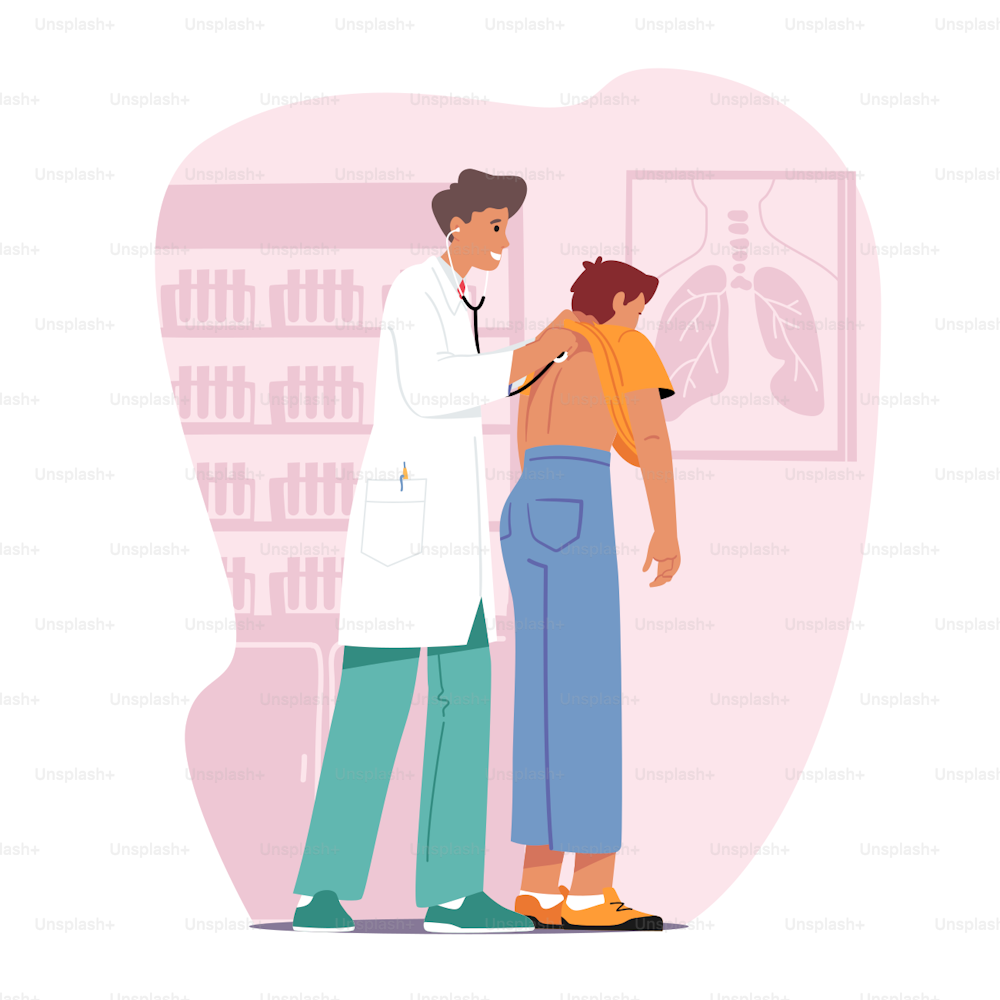 Medical Check Up Concept. Practitioner with Stethoscope Listening Male Patient Character Heart Beating or Breath in Doctor Therapist Office. Medicine Appointment. Cartoon People Vector Illustration