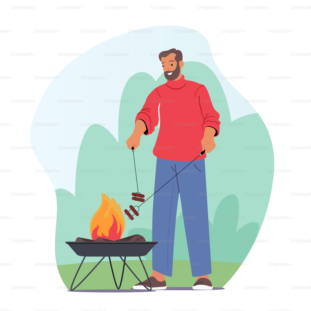 Male Character Spend Time on Outdoor Bbq Cooking Meat and Sausages on Barbecue Machine at Front Yard Having Fun at Summer Time. Father Cooking Food on Fire. Cartoon People Vector Illustration