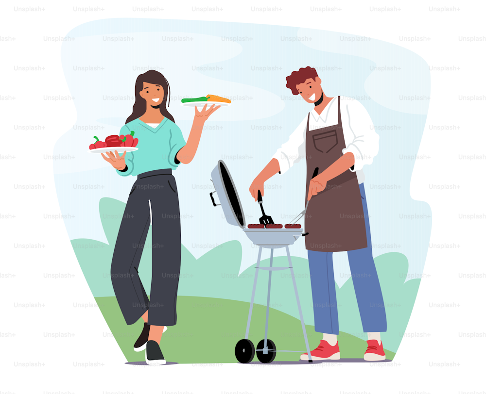 Male and Female Characters in Chief Apron Spend Time on Outdoor Bbq. Family or Friends Cooking Meat on Barbecue Machine at Front Yard Having Fun at Summer Time. Cartoon People Vector Illustration