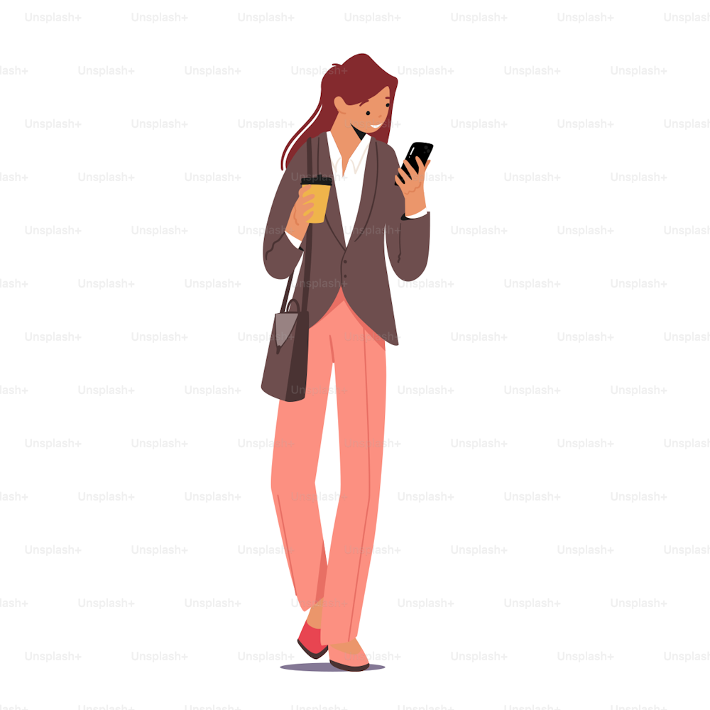 Young Businesswoman Character in Formal Wear and Shoulder Bag Drinking Coffee in Disposable Cup and Read Message on Smartphone. Morning Takeaway Drink Refreshment. Cartoon People Vector Illustration