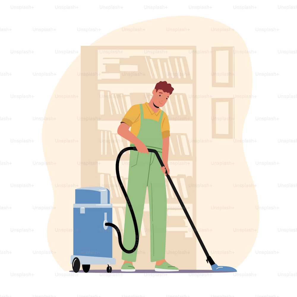 Cleaning Company Service Concept. Male Character, Washing, Sweeping and Mopping Floor with Professional Vacuum Cleaner, Man Wash Room or Hotel, Janitor Occupation. Cartoon People Vector Illustration