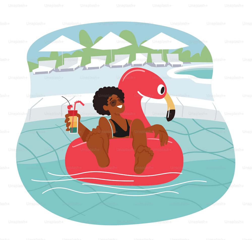 Female Character Relax at Poolside Floating on Inflatable Ring in Swimming Pool and Drinking Cocktail. Summertime Leisure, Vacation. Young Happy Woman Relaxing on Resort. Cartoon Vector Illustration
