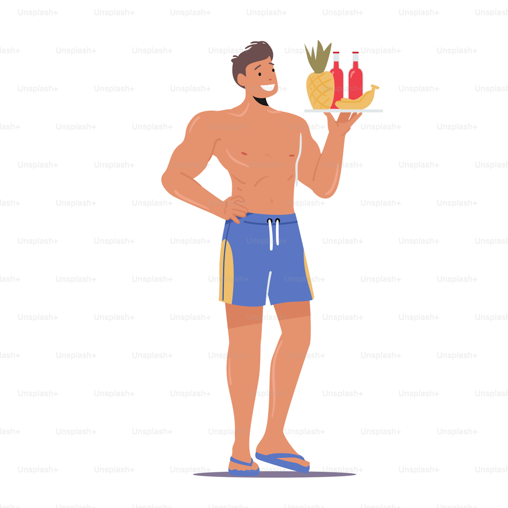 Male Character Wear Slippers and Swimming Shorts Holding Tray with Pineapple, Banana Fruits and Bottles Fresh Cocktail. Man Relaxing at Swimming Pool, Drink Alcohol. Cartoon People Vector Illustration