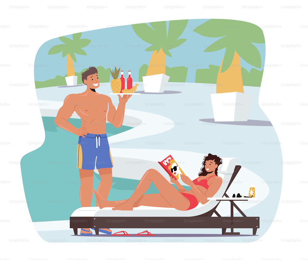 Touristenfiguren in den Sommerferien. Junge Frau faulenzt auf der Chaiselongue, Mann bringt Cocktails zum Entspannen am Pool. Menschen, die sich im Tropical Resort entspannen. Cartoon-Vektor-Illustration