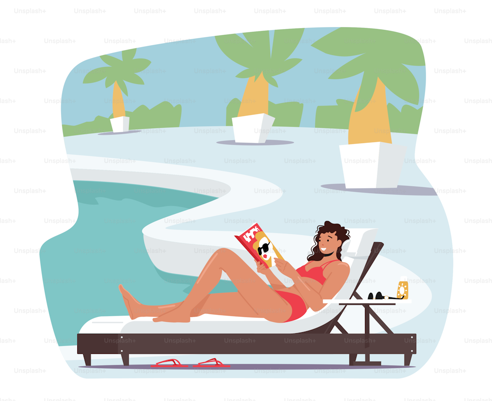 Frau im Bikini sitzt auf Liegestuhl am Pool oder am Strand und liest ein interessantes Buch. Weiblicher Charakter Bücherwurm Verbringen Sie Zeit im Freien im exotischen Resort und genießen Sie das Lesen in der Freizeit. Cartoon-Vektor-Illustration
