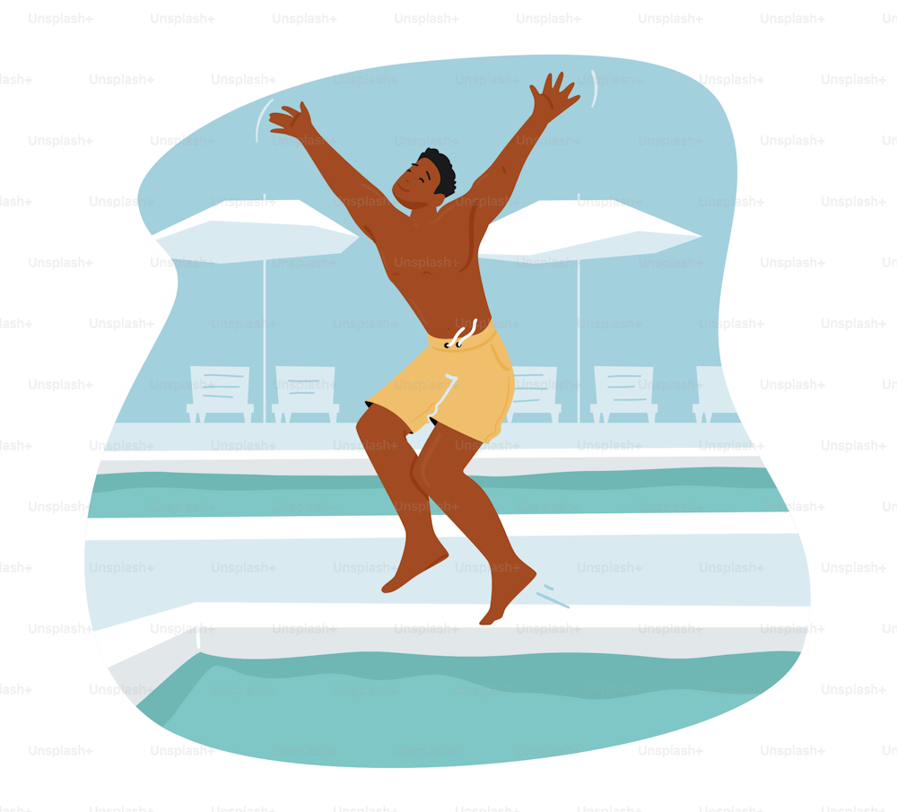 Young Man Relaxing at Poolside in Hotel or Yacht . Summertime Vacation, Happy Male Character Resting, Jumping to Water, Sun Bathing. Summer Vacation, Luxury Leisure, Relax. Cartoon Vector Illustration