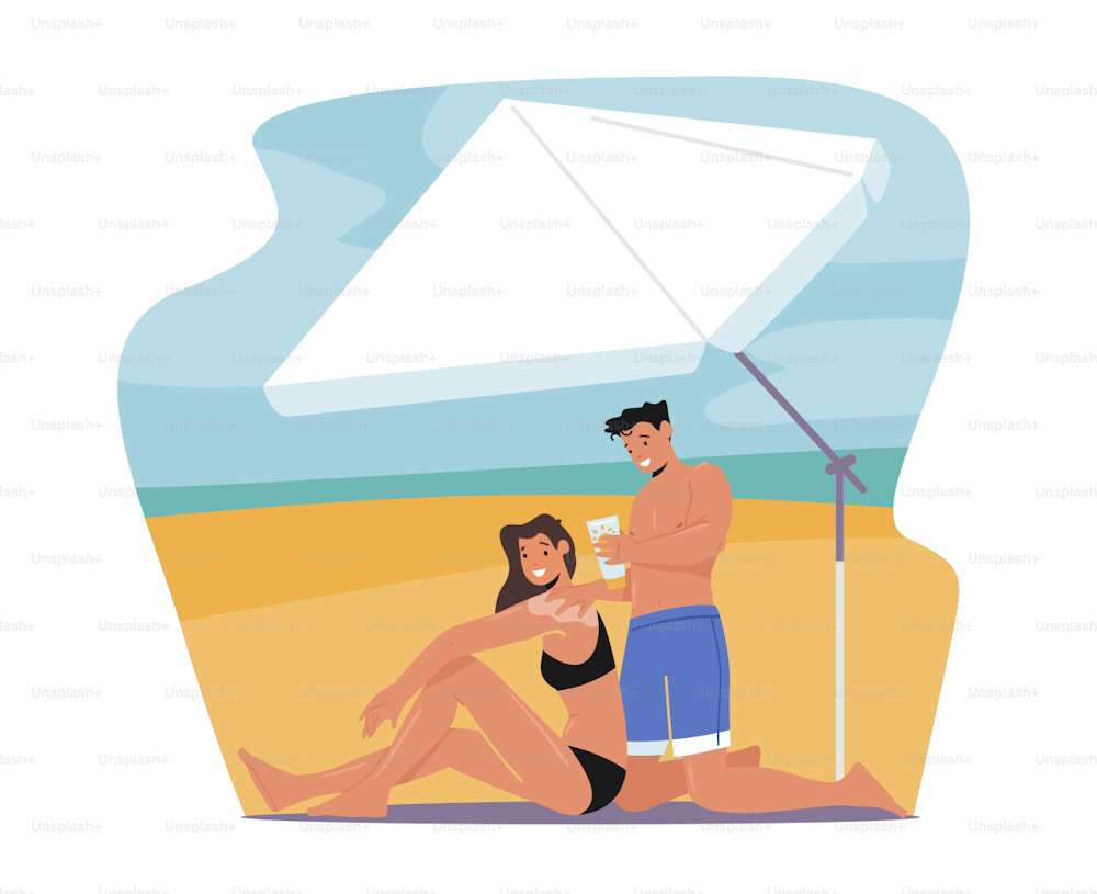 Vacaciones de verano, peligro de rayos ultravioleta para la defensa de la salud, baño de sol. La gente usa el concepto de protección solar. Los personajes masculinos y femeninos en la playa se ponen crema de protección solar en la piel. Ilustración vectorial de dibujos animados