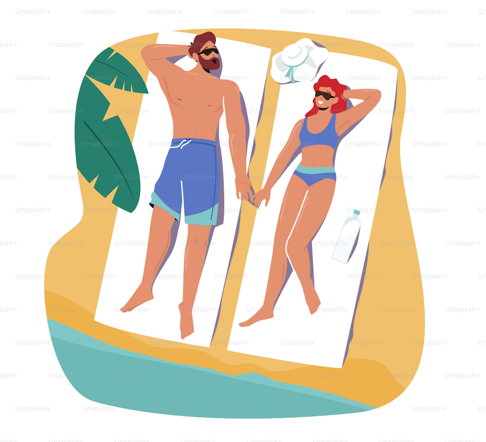Hombre y mujer bronceándose en la playa acostados en una colchoneta con crema protectora solar. Pareja amorosa Personajes vacaciones al aire libre en un resort exótico, personas que disfrutan del tiempo libre de verano. Ilustración vectorial de dibujos animados