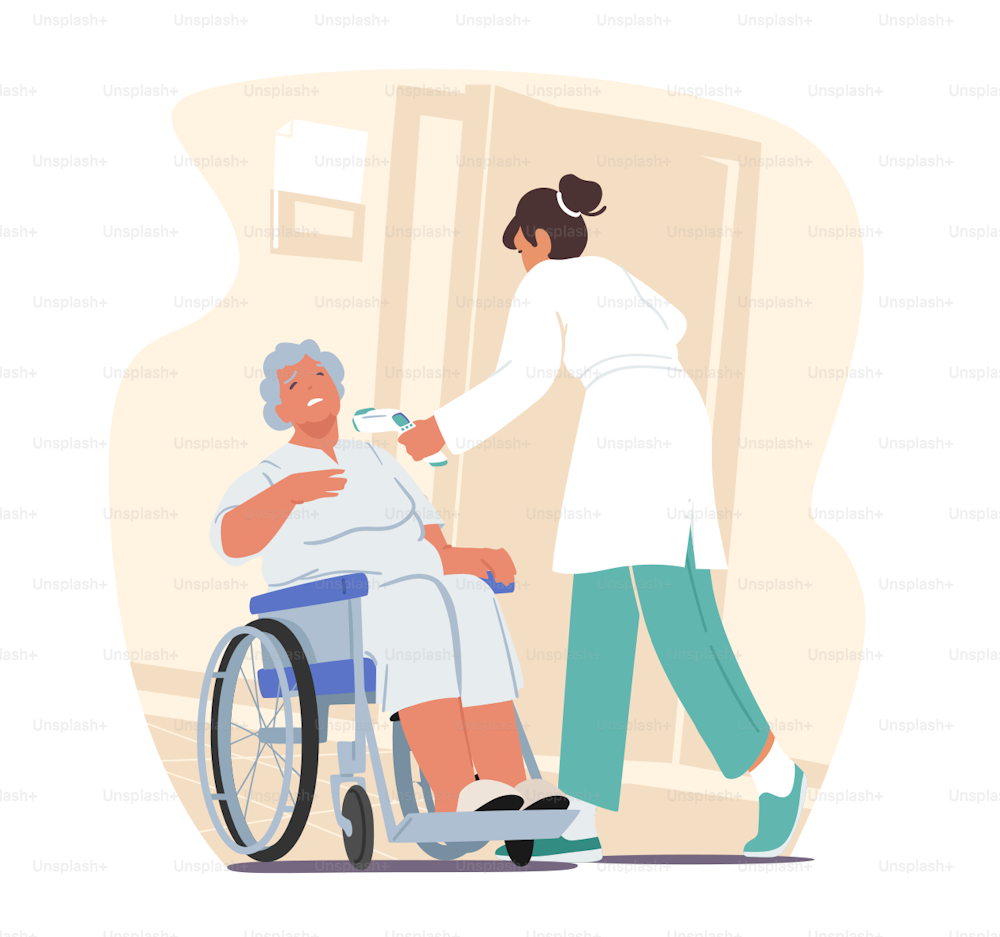 Nurse or Doctor Measuring Temperature to Elderly Woman Sitting at Wheelchair with Distant Thermometer during Coronavirus Pandemic. Senior Character Suffer of Fever. Cartoon People Vector Illustration