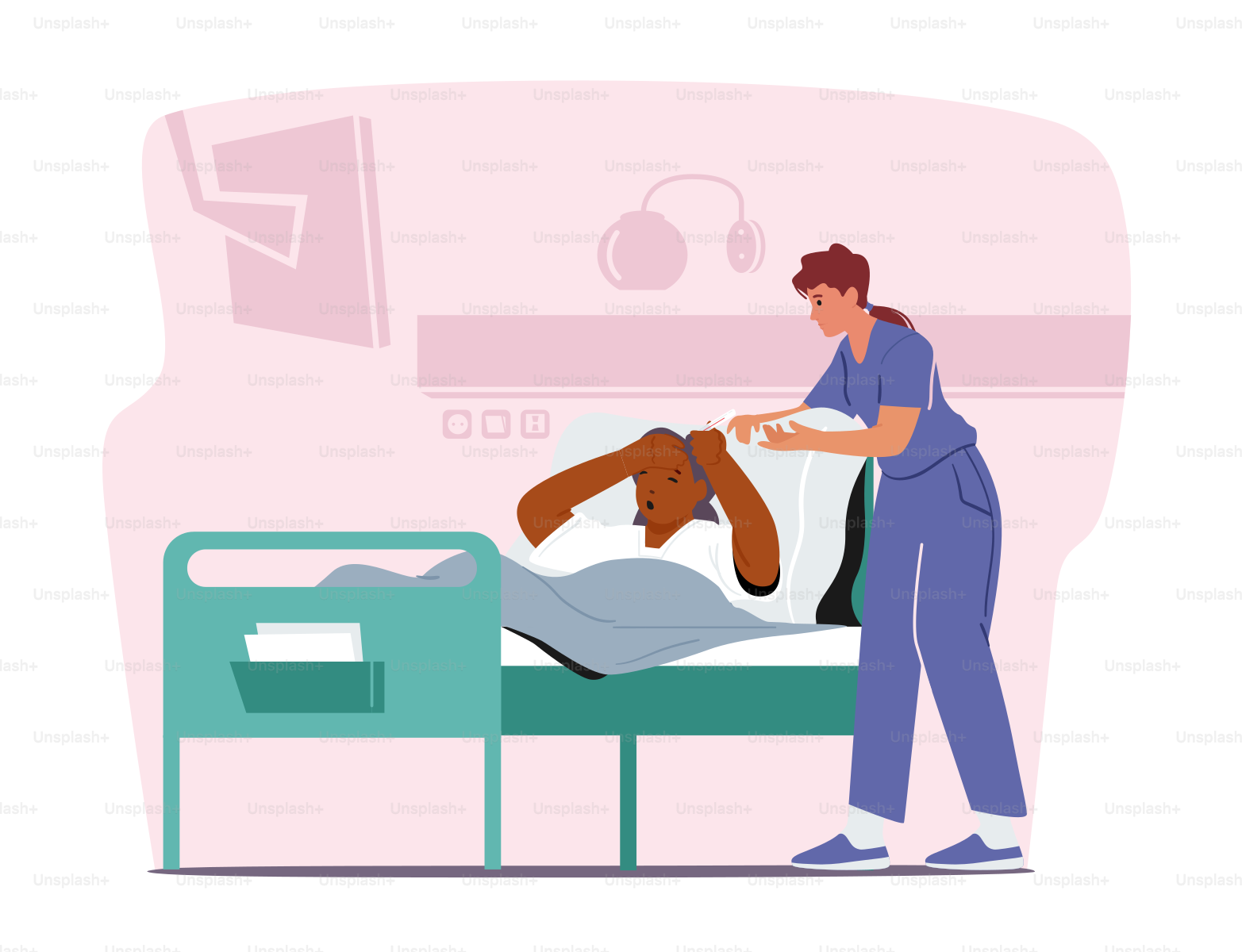 Elderly Woman Measuring Temperature with Thermometer during Coronavirus Pandemic. Senior Female Character Suffer of Fever Lying in Bed at Covid Hospital Chamber. Cartoon People Vector Illustration