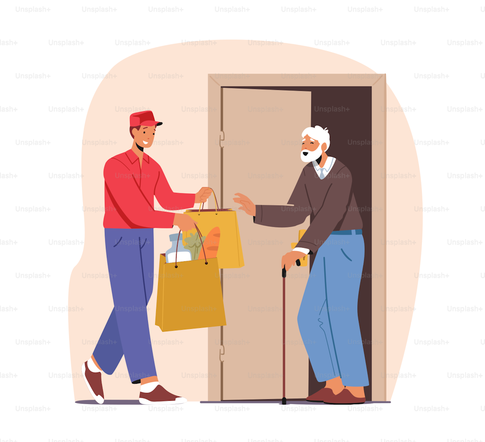 Courier Character Caregiving of Elderly People Bring Grocery or Medicine during Lockdown. Help to Seniors during Pandemic Isolation, Support, Help and Assistance to Aged. Cartoon Vector Illustration