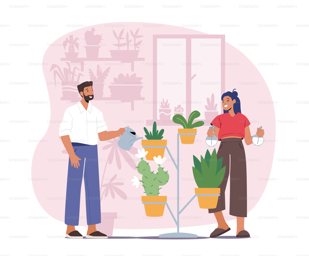 Man and Woman Spraying and Water Flowers on Shelf with Watering Can. Happy Couple Characters Take Care of Home Plants and Flowers in Pots Enjoying Gardening Hobby. Cartoon People Vector Illustration