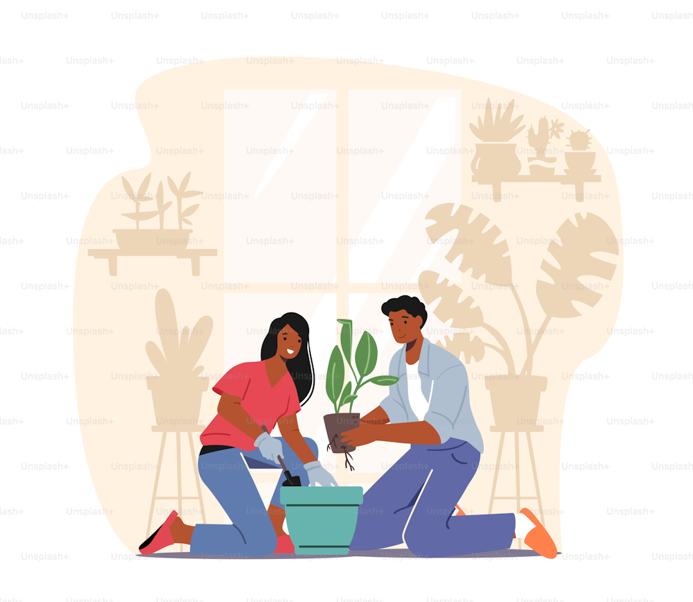 Happy Couple Taking Care of Home Plants. Male and Female Characters Enjoying Gardening Growing Houseplants. Young Man and Woman Cultivating Potted Plant at Home. Cartoon People Vector Illustration