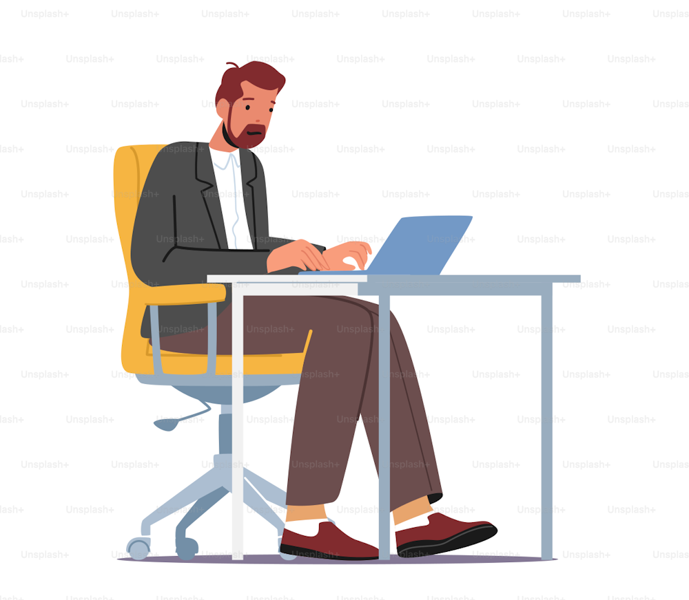 Business Man Character Working on Laptop Sitting at Desk Workplace in Office or Home. Manager, Clerk Work on Computer, Employee Occupation, Working Activity. Cartoon People Vector Illustration