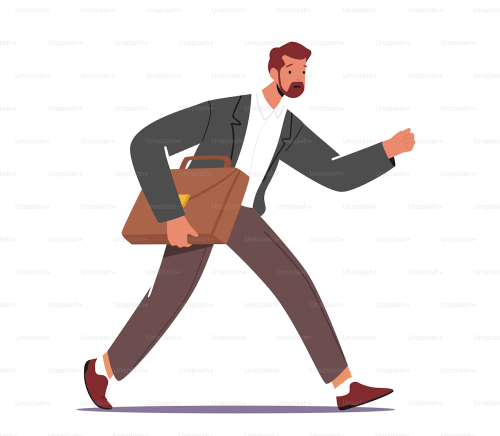 Business Character Late in Office, Anxious Businessman Hurry at Work due to Oversleep or Traffic Jam. Businessman with Bag Run, Stress Work Situation Concept. Cartoon People Vector Illustration