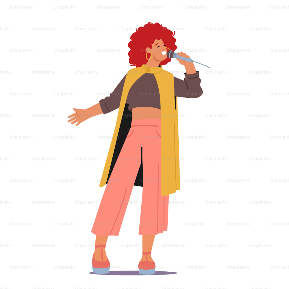 Woman on Stage Holding Microphone Singing Song at Karaoke Bar or Night Club. Vocalist Female Character Entertaining and Relax, Singer Recreation Hobby Concept. Cartoon People Vector Illustration