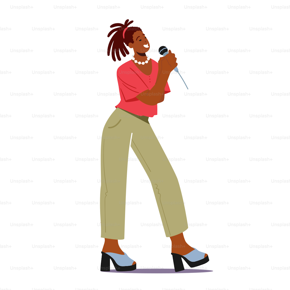 Super Star Singing Song. African Woman on Stage Performing Composition in Karaoke Bar. Artist Female Characters Singing at Music Event or Concert, Corporate Party. Cartoon People Vector Illustration