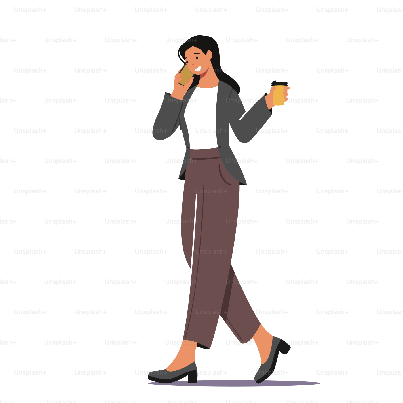 Femme d’affaires : Boisson à emporter du matin, rafraîchissement. Jeune femme d’affaires en tenue formelle, buvant un café dans un gobelet jetable et parlant au téléphone. Illustration vectorielle des personnages de dessin animé