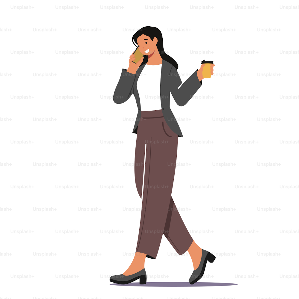 Business Woman Morning Takeaway Drink Refreshment. Young Businesswoman Character in Formal Wear Drinking Coffee from Disposable Cup and Talking by Smartphone. Cartoon People Vector Illustration