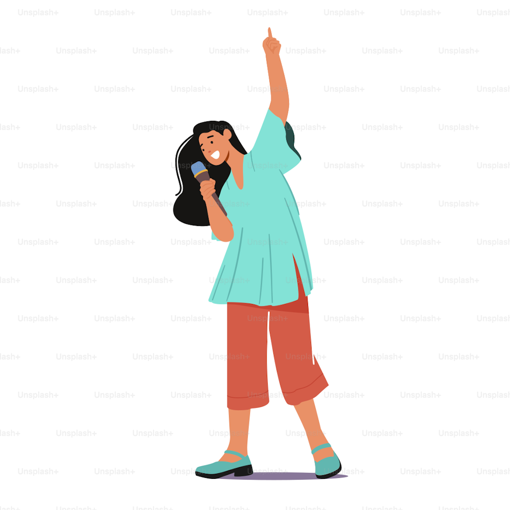 Young Girl Artist Character Singing at Music Event or Concert, Corporate Party. Woman Cheering, Dancing and Performing on Stage with Song Composition in Karaoke Bar. Cartoon People Vector Illustration