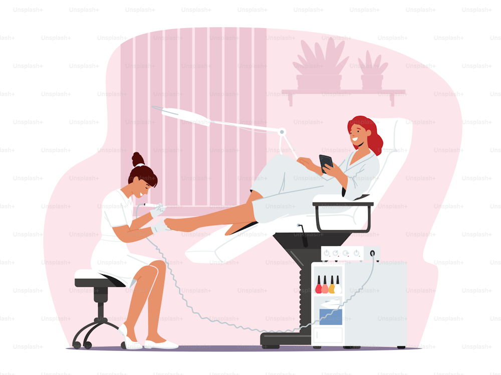 Woman Character Visiting Beauty Salon for Applying Pedicure Procedure. Master Polishing and Care Girl Nails, Client Sitting in Comfortable Transforming Chair. Cartoon People Vector Illustration