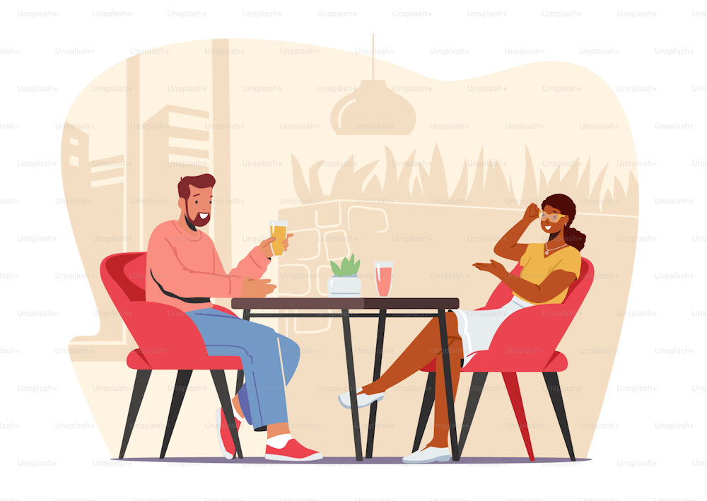Young Couple Visiting Cafe and Hospitality Concept. Male and Female Characters Sitting at Tables Drinking Beverages, Chatting and Laughing in Modern Restaurant. Cartoon People Vector Illustration