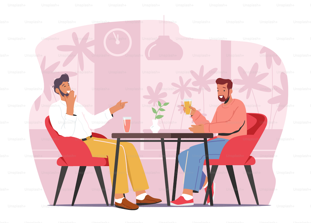 Friends Meeting in Cafe. Male Characters Sitting in Modern Restaurant Chatting, Drink Beverages, Laughing during Coffee Break or Weekend. Lunch Recreation, Sparetime. Cartoon Flat Vector Illustration