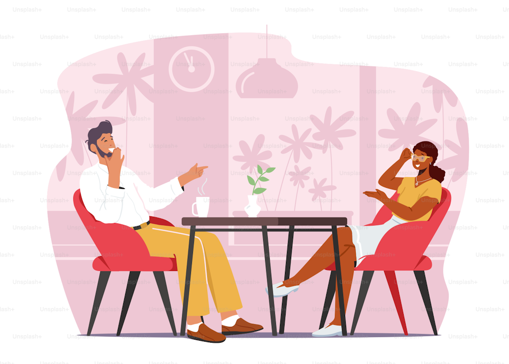 Man and Woman Couple Having Conversation in Coffee House. People Visit Cafe Sit at Table Drinking Beverages in Modern Restaurant Interior. Hospitality Leisure, Spare Time. Cartoon Vector Illustration