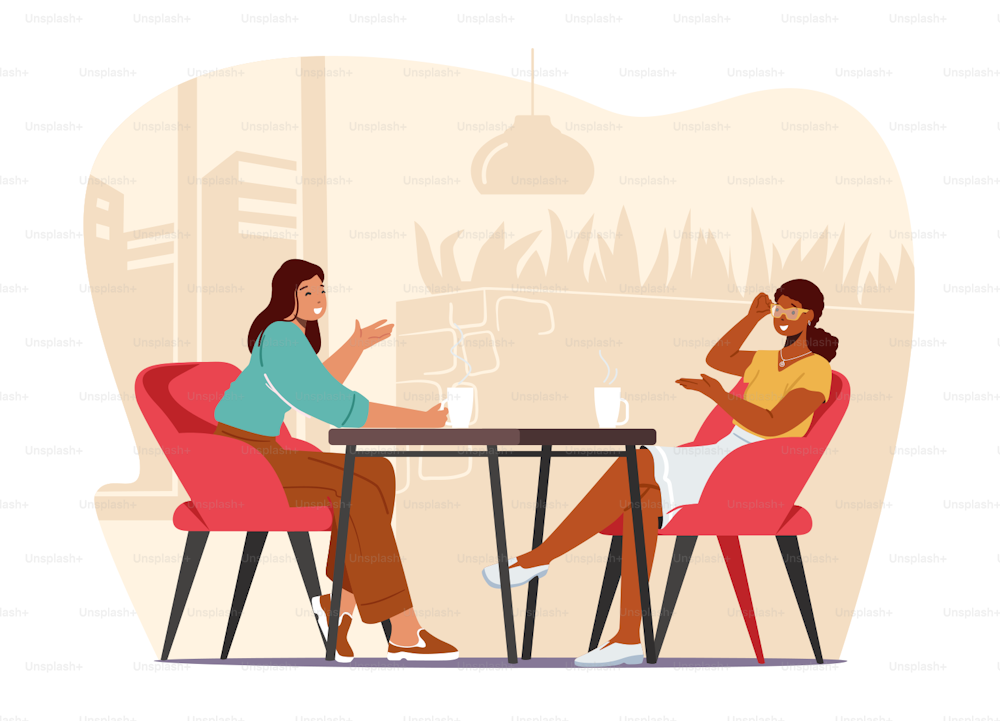 Young Pretty Girls Sitting in Cafe Chatting, Telling Gossip and News to Each Other, Girlfriends Meeting and Relaxed Spare Time. Students or Office Workers Coffee Break. Cartoon Vector Illustration