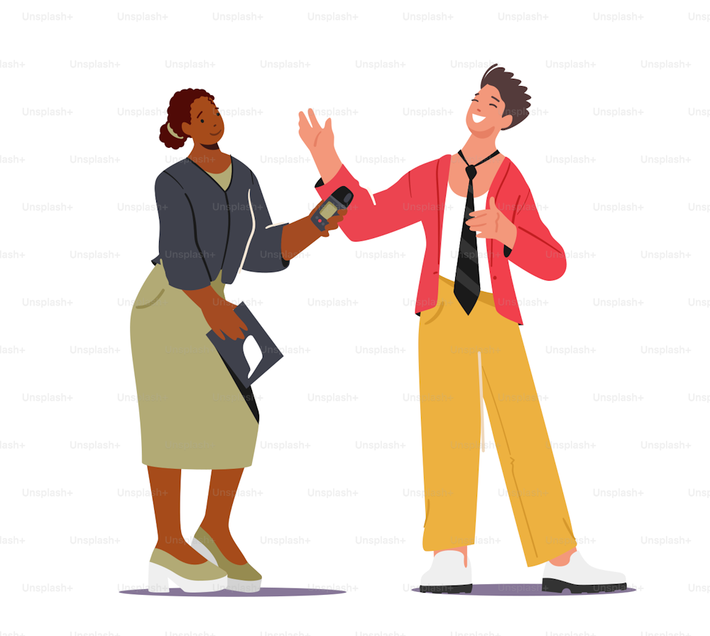 Journalist Interviewing Man in Suit, Politician or Businessman. Tv Reporter Female Character Holding Microphone Presenting Breaking News for Mass Media Industry. Cartoon People Vector Illustration