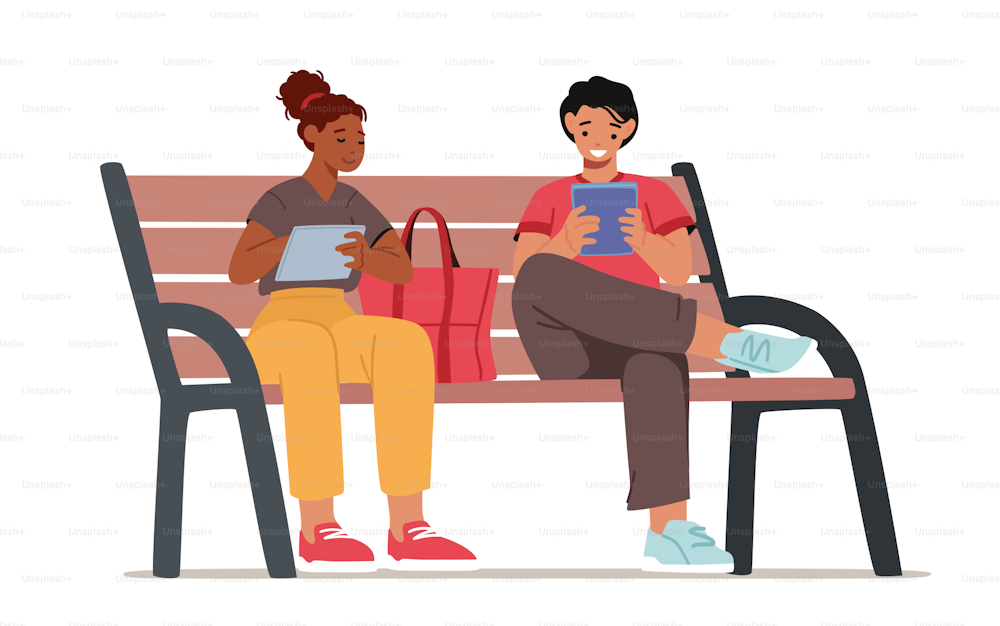 Young Man and Woman Sitting on Bench in Park with Gadgets in Hands and Communicating Online in Internet. Social Media Networking, Virtual Communication, Addiction. Cartoon Vector Illustration.
