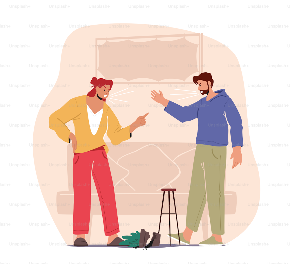 Family Quarrel and Fighting. Angry Couple Characters Arguing Shouting Blaming Each Other. Frustrated Husband and Annoyed Wife Quarreling, Bad Marriage Relationships. Cartoon People Vector Illustration