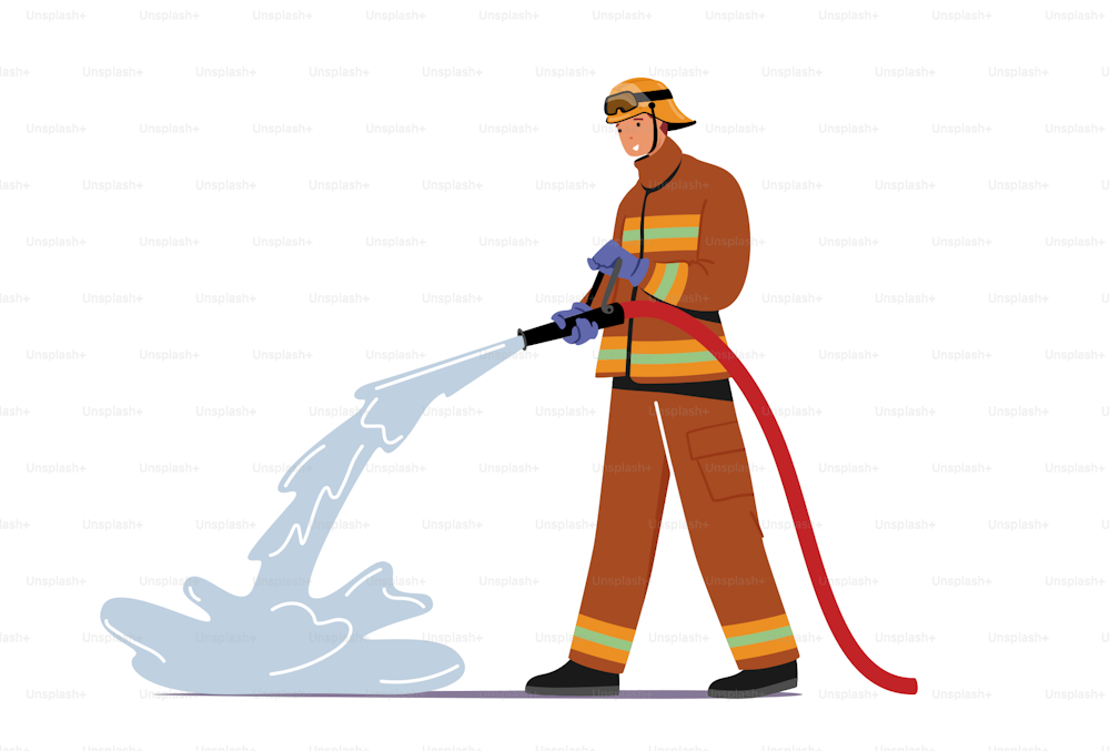 Brave Fireman Wearing Uniform and Hat Spraying Water Jet from Hose Fighting with Burning Blaze Isolated on White Background. Firefighter Male Character Extinguish Fire. Cartoon Vector Illustration