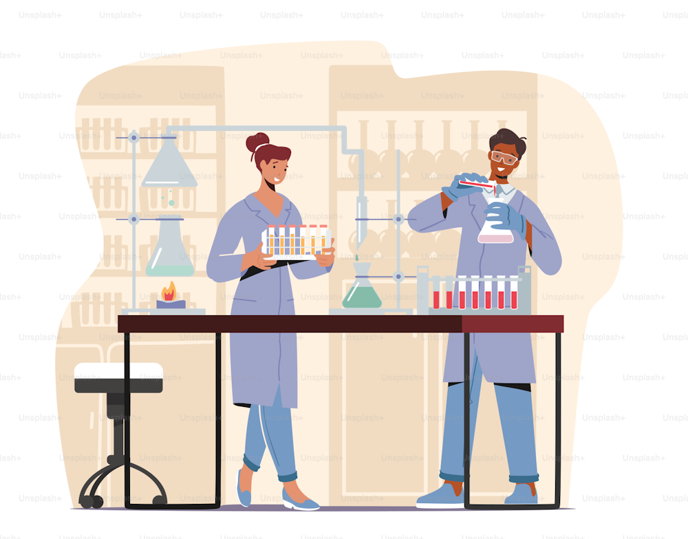 Scientists Chemists Conduct Chemical Experiment and Scientific Research in Science Laboratory, Man Pour Reagent into Beaker, Woman Carry Test Tubes, Scientific Chemistry. Cartoon Vector Illustration
