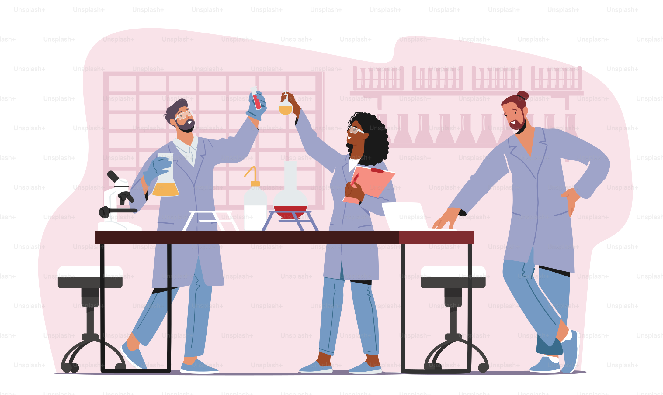 Pharmaceutical Investigation in Lab. Chemistry Science Research and Development Concept. Scientists Characters in Chemical Laboratory with Equipment and Flasks. Cartoon People Vector Illustration