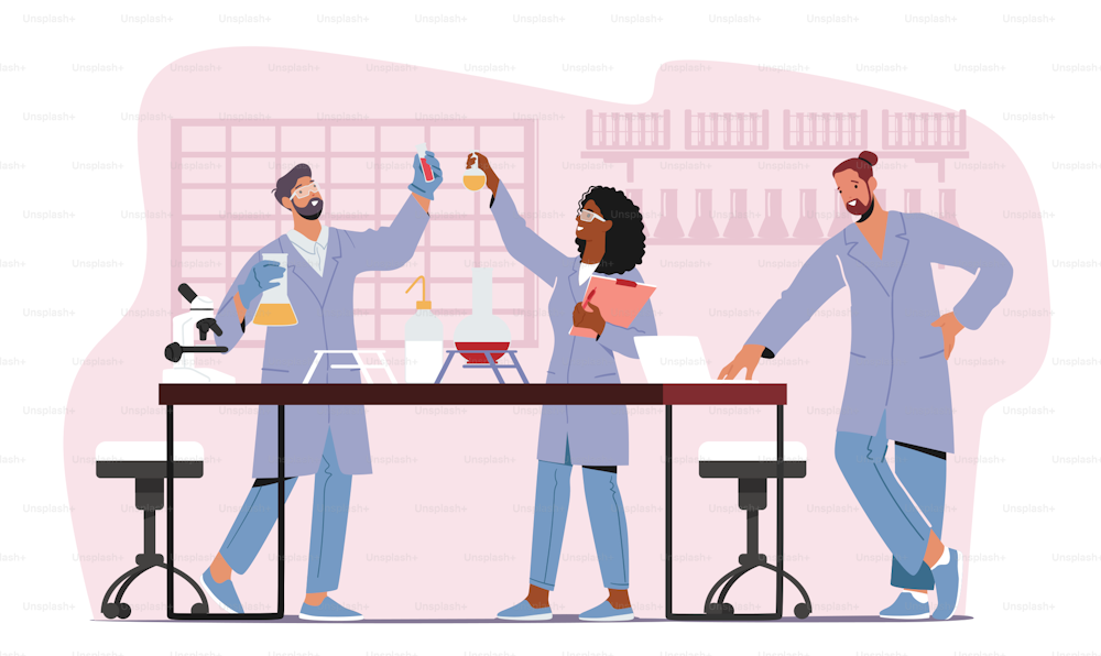 Pharmaceutical Investigation in Lab. Chemistry Science Research and Development Concept. Scientists Characters in Chemical Laboratory with Equipment and Flasks. Cartoon People Vector Illustration
