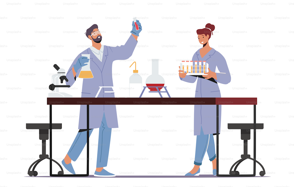 Chemists Invent Medicine or Vaccine. Scientists Conducting Research or Experiment in Scientific Laboratory. Chemistry Science Staff at Work, Technician Hold Test Tube. Cartoon Vector Illustration