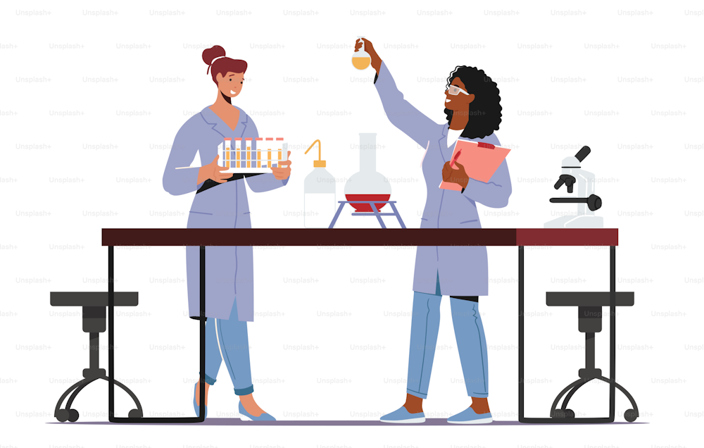 Scientist Female Characters in Coat Conduct Experiment in Scientific Laboratory. Women Chemists Conduct Investigation, Researcher in Chemical or Biochemical Lab, Science. Cartoon Vector Illustration